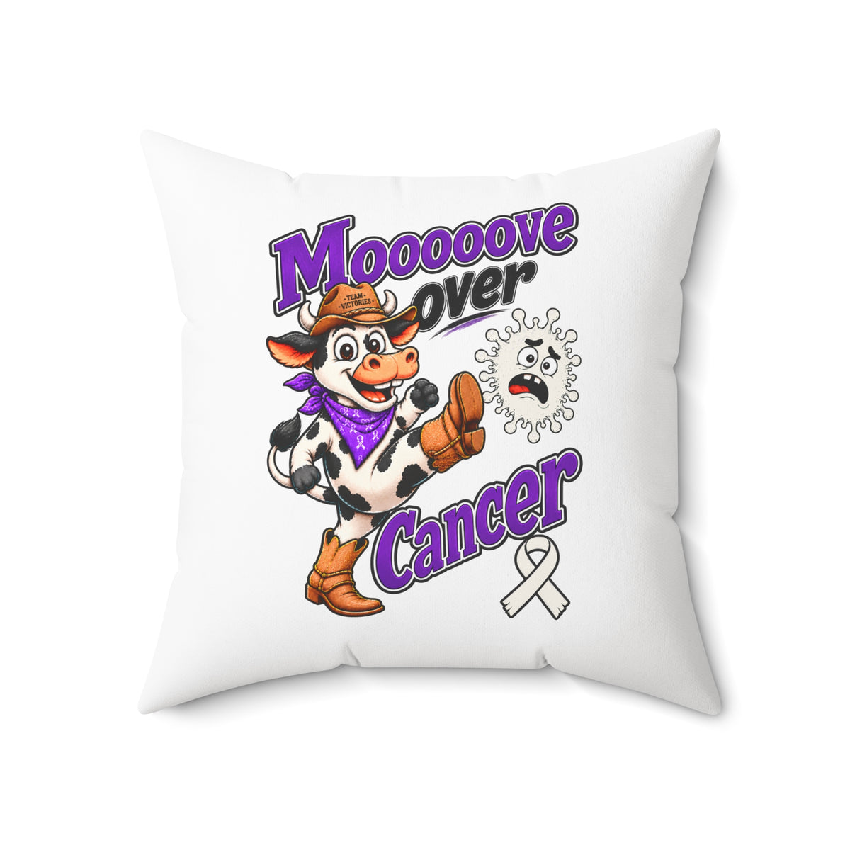 White Moooove Over Cancer throw pillow with cowgirl design and Lung Cancer awareness ribbon