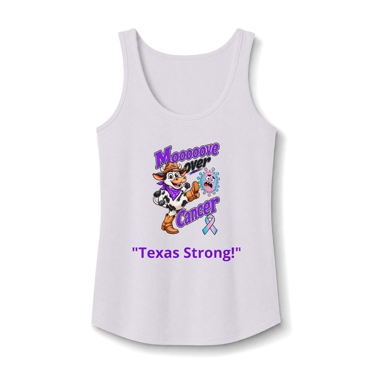Moooove Over Cancer Texas Strong tank top with Thyroid Cancer awareness ribbon, white