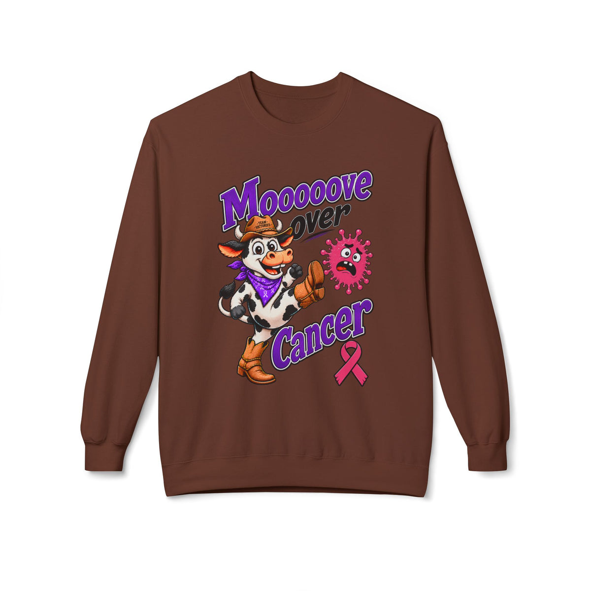 Model wearing Moooove Over Cancer sweatshirt with cow graphic and pink Breast Cancer awareness ribbon