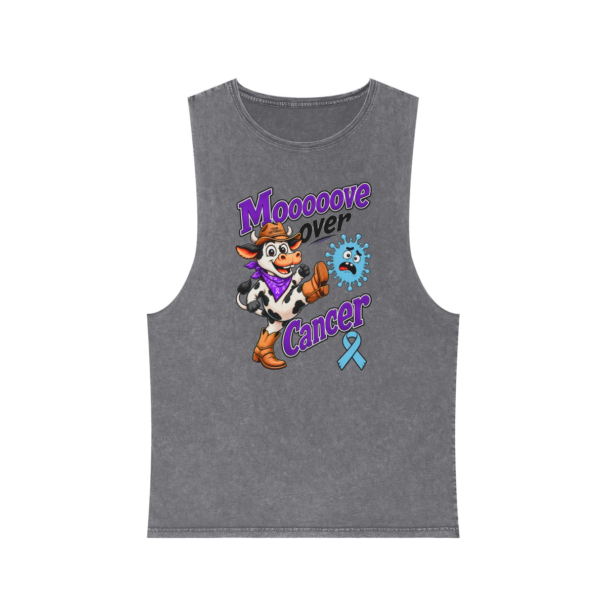 Front view of Moooove Over Cancer tank top with cow graphic and Prostate Cancer awareness ribbon