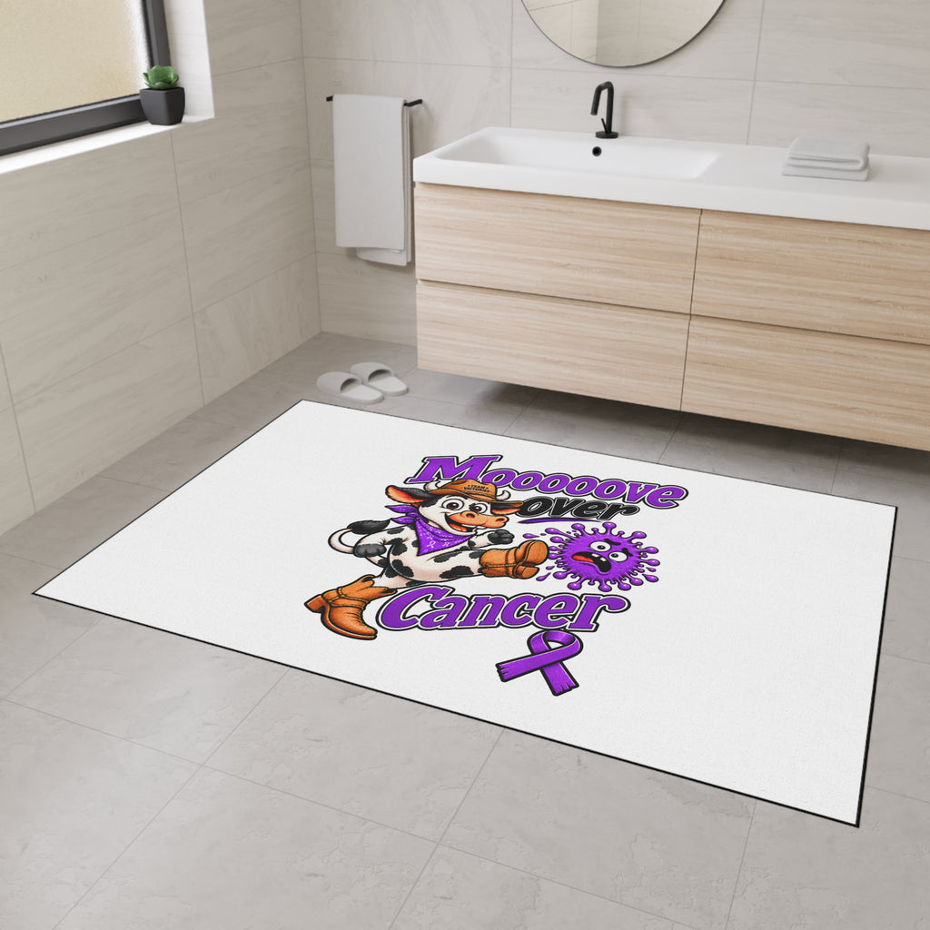 Moooove Over Cancer mat displayed in a bathroom with cow artwork and awareness design