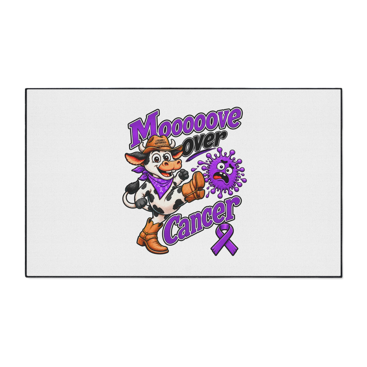 Moooove Over Cancer mat showing centered cowgirl cow artwork and Pancreatic Cancer awareness ribbon