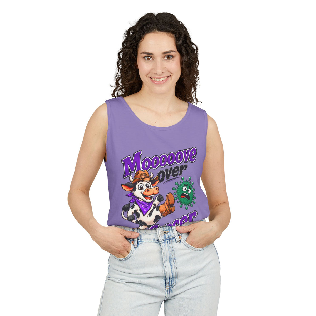 Woman wearing purple Moooove Over Cancer tank top with Liver Cancer awareness ribbon