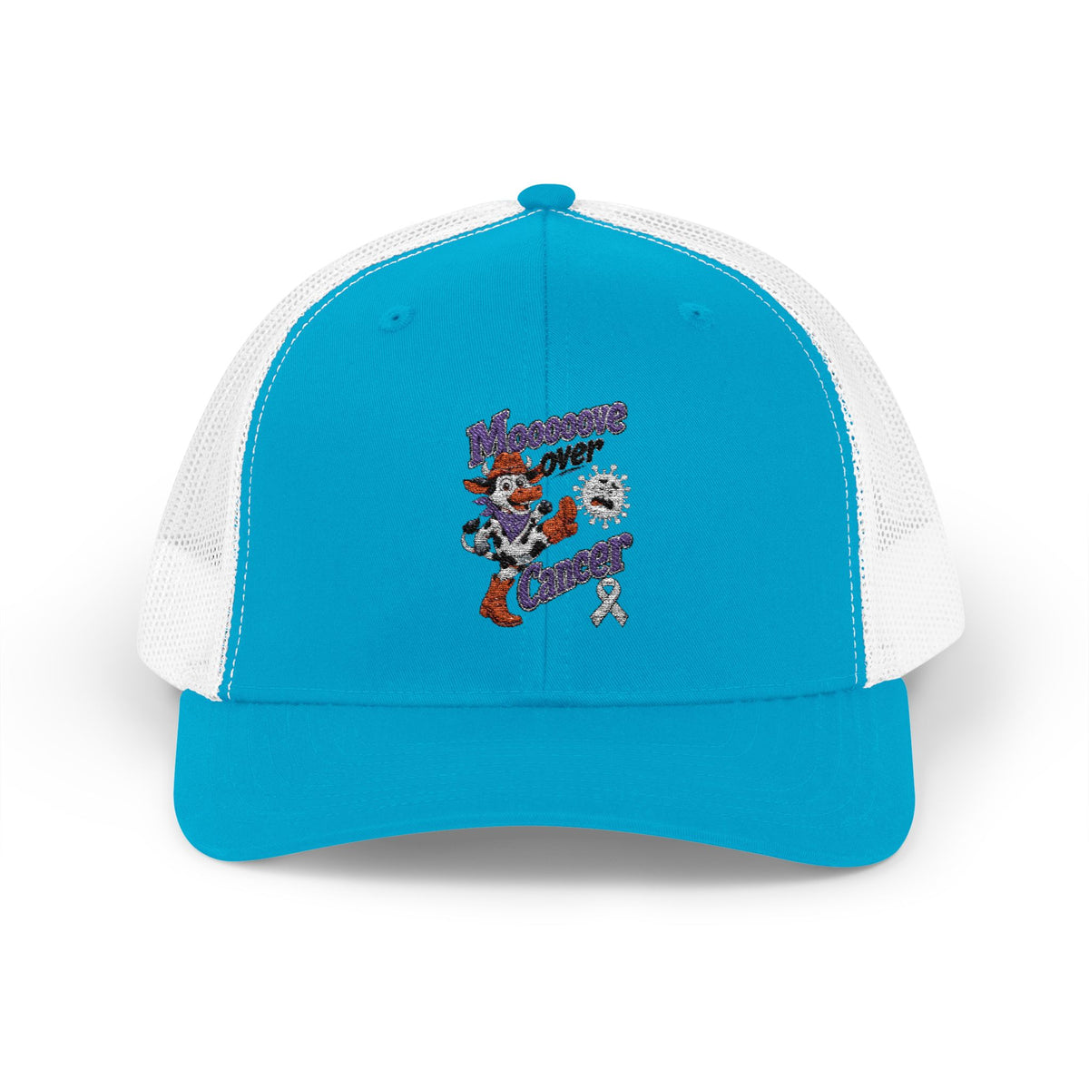 Moooove Over Cancer trucker hat showing the curved brim and white mesh side panels