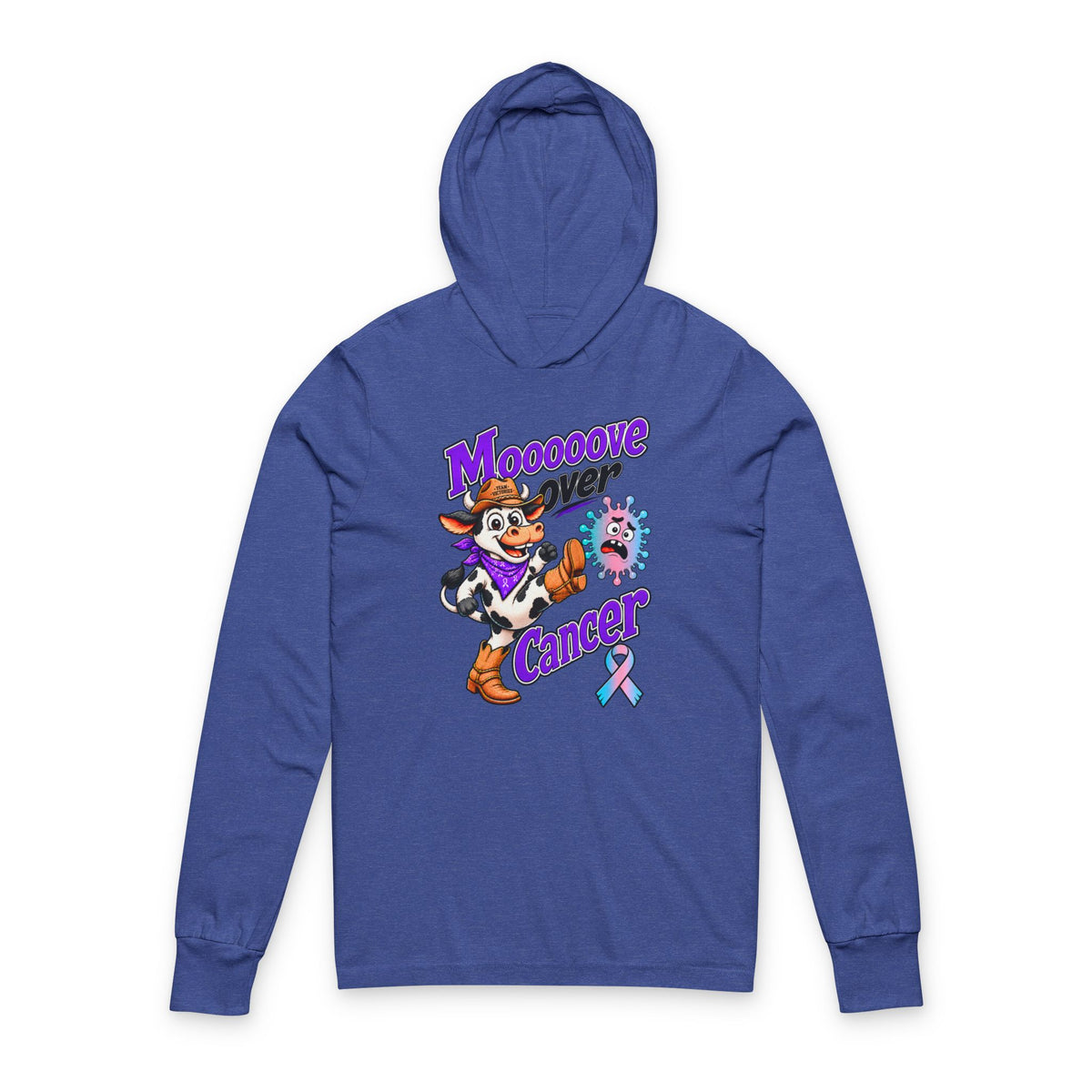 Moooove Over Cancer hooded tee in blue with Thyroid Cancer awareness ribbon, front view