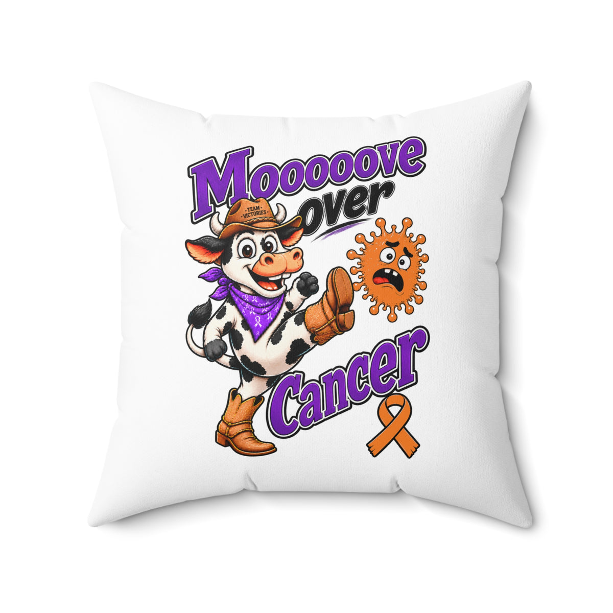 Close front view of Moooove Over Cancer throw pillow with orange Leukemia/Kidney Cancer awareness ribbon