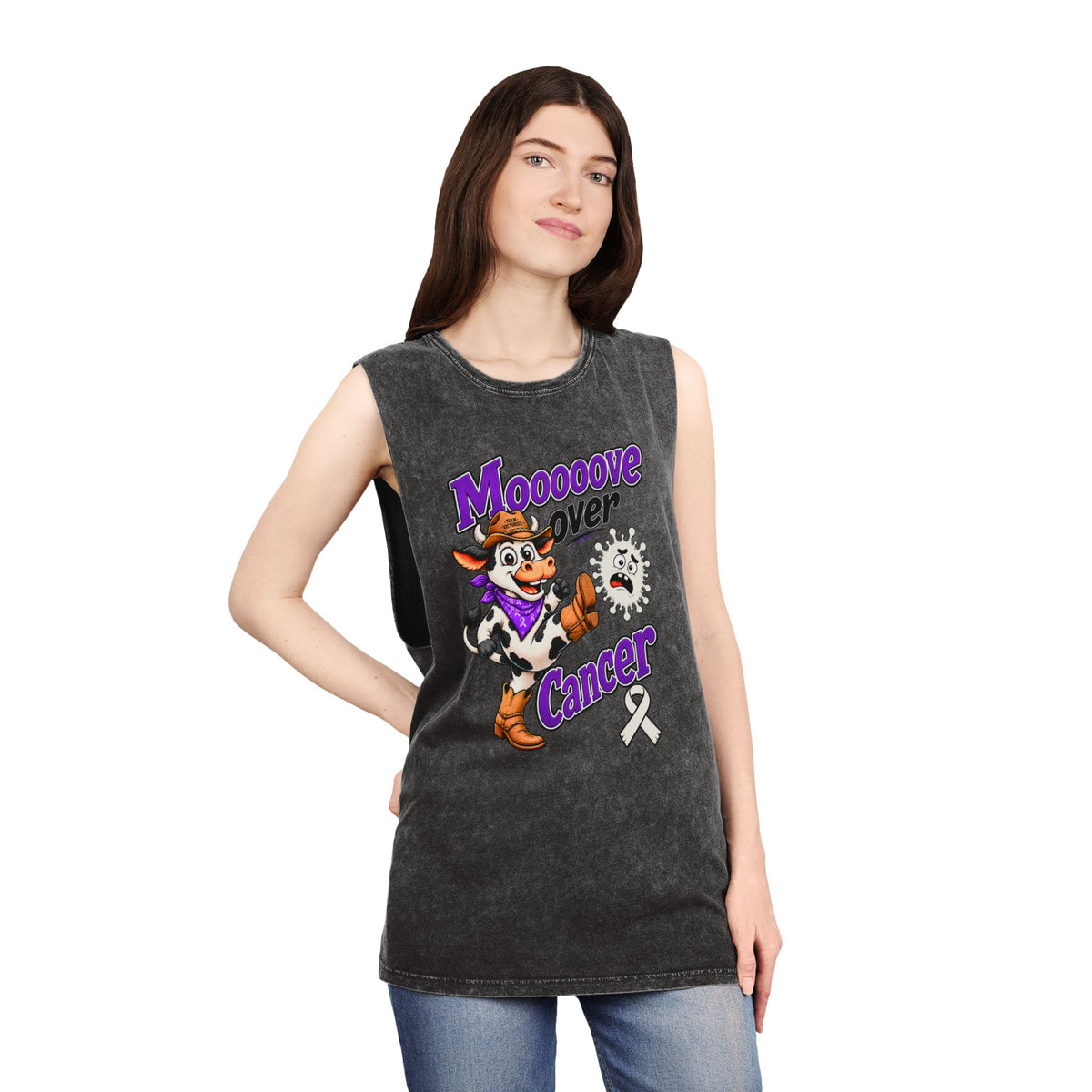 Model wearing Moooove Over Cancer Lung Cancer awareness tank top, lifestyle view