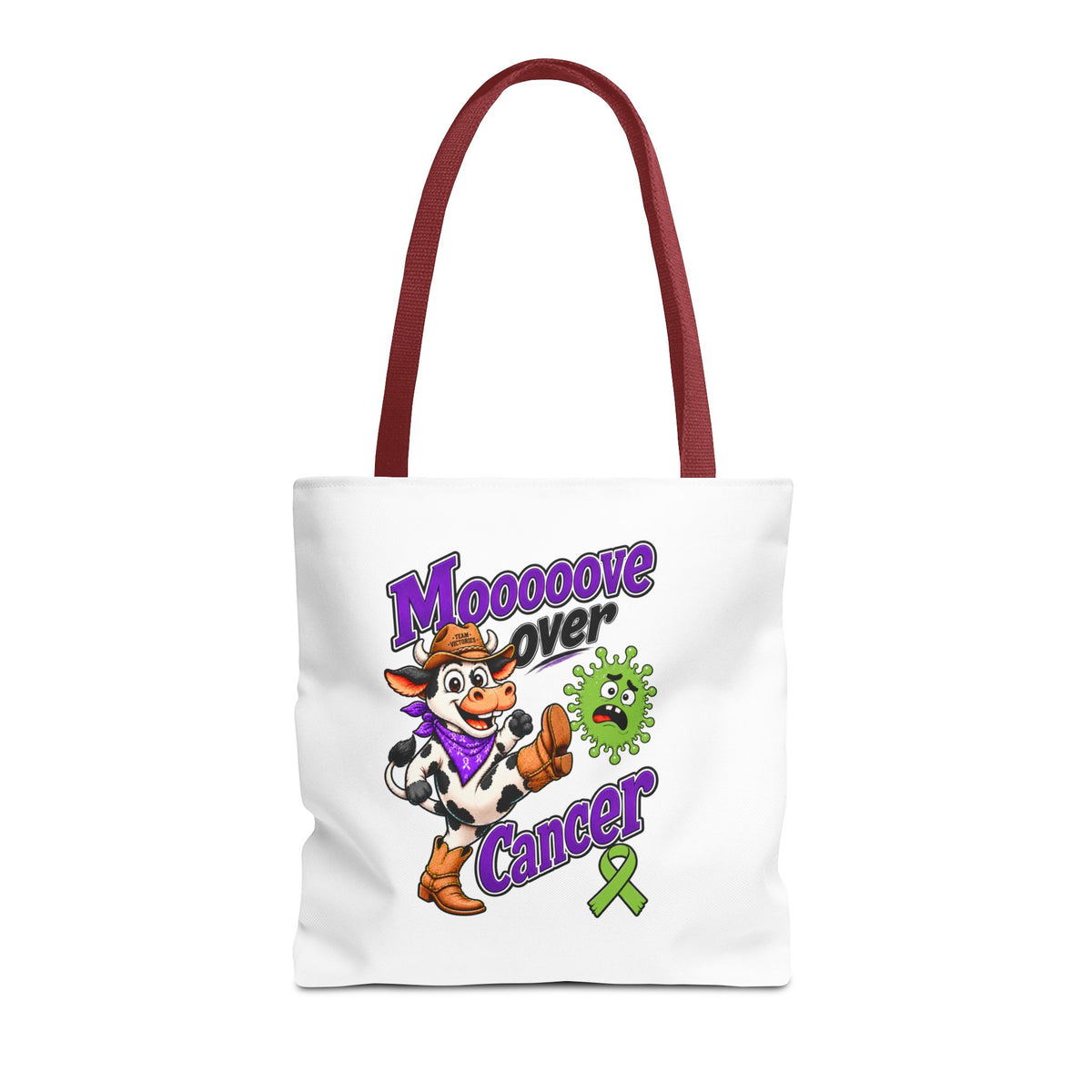 Front view of Moooove Over Cancer polyester tote with Non-Hodgkin/Lymphoma Cancer awareness ribbon