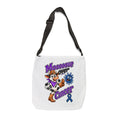 Moooove Over Cancer shoulder tote bag with cow and blue ribbon artwork, front view