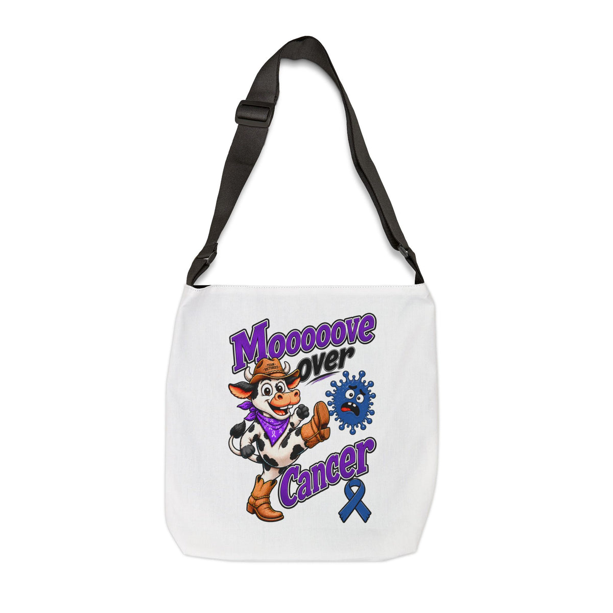 Moooove Over Cancer shoulder tote bag with cow and blue ribbon artwork, front view