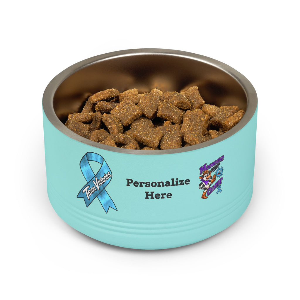 Turquoise Mooove Over Cancer personalized pet bowl filled with food and Prostate Cancer awareness ribbon