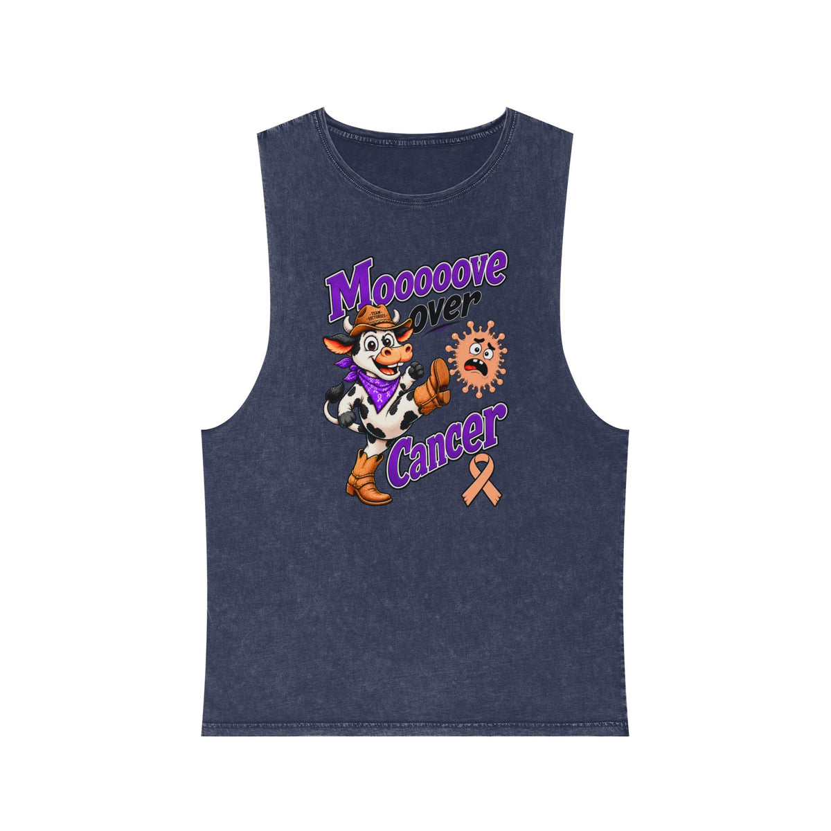 Navy Moooove Over Cancer tank top with cowgirl graphic and peach Uterine Cancer awareness ribbon