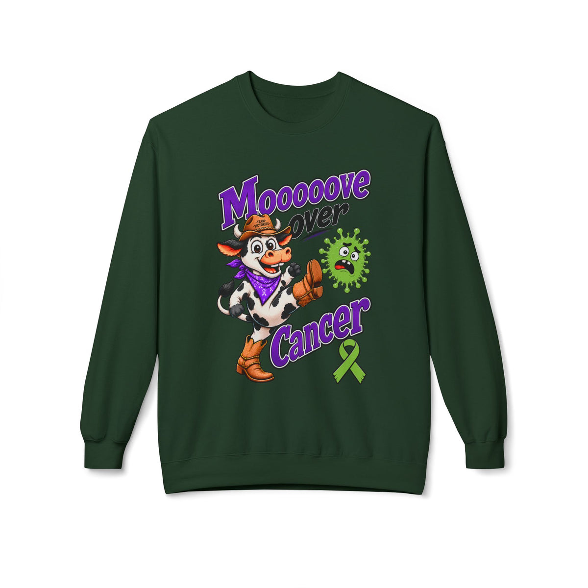 Tan Moooove Over Cancer crewneck sweatshirt with cancer awareness graphic