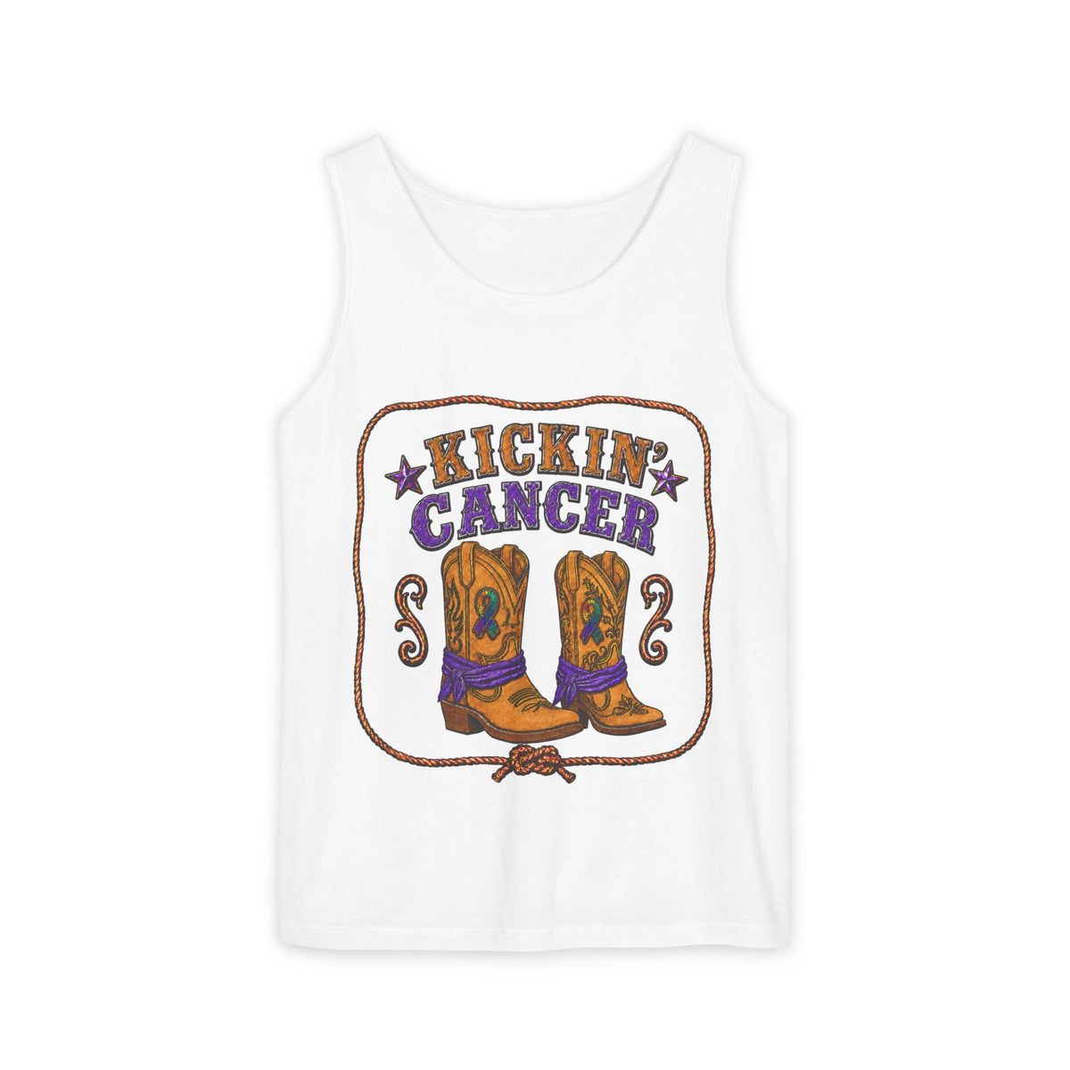 White Kickin' Cancer tank top with Western boots, rope border, and purple ribbon artwork
