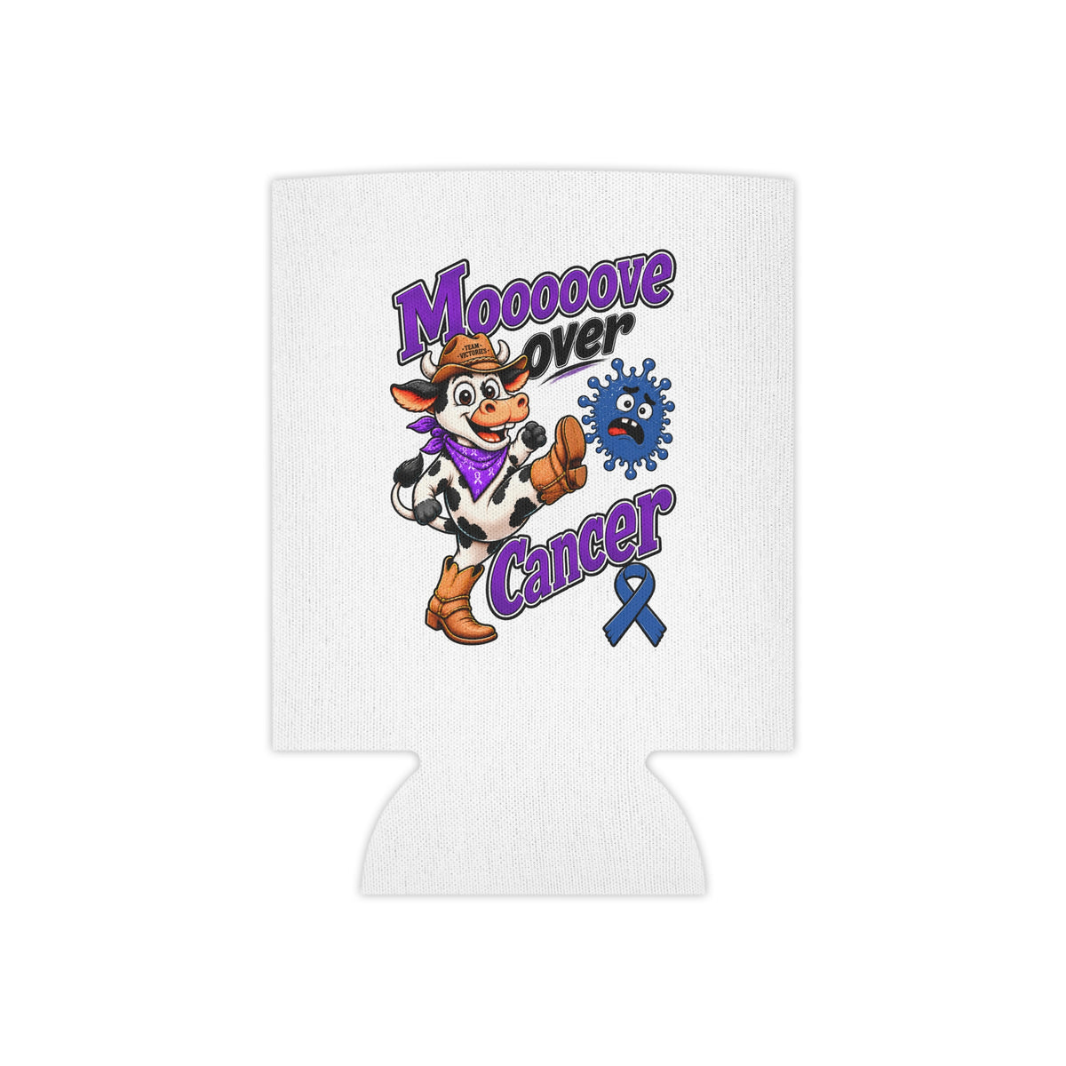 Moooove Over Cancer can cooler with purple lettering, cow mascot, and blue awareness ribbon