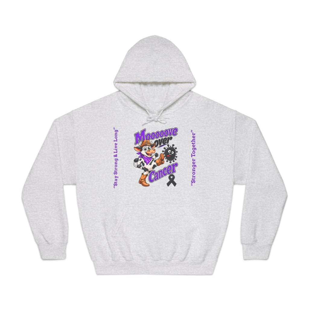 Light gray Moooove Over Cancer hoodie with colorful cancer support artwork