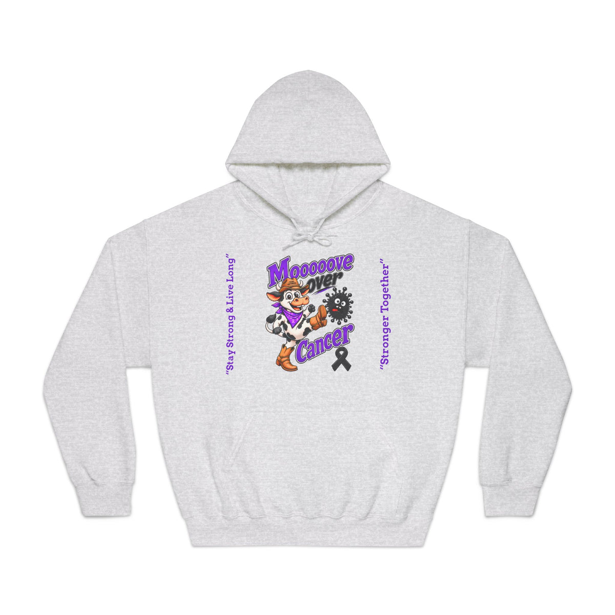 Light gray Moooove Over Cancer hoodie with colorful cancer support artwork