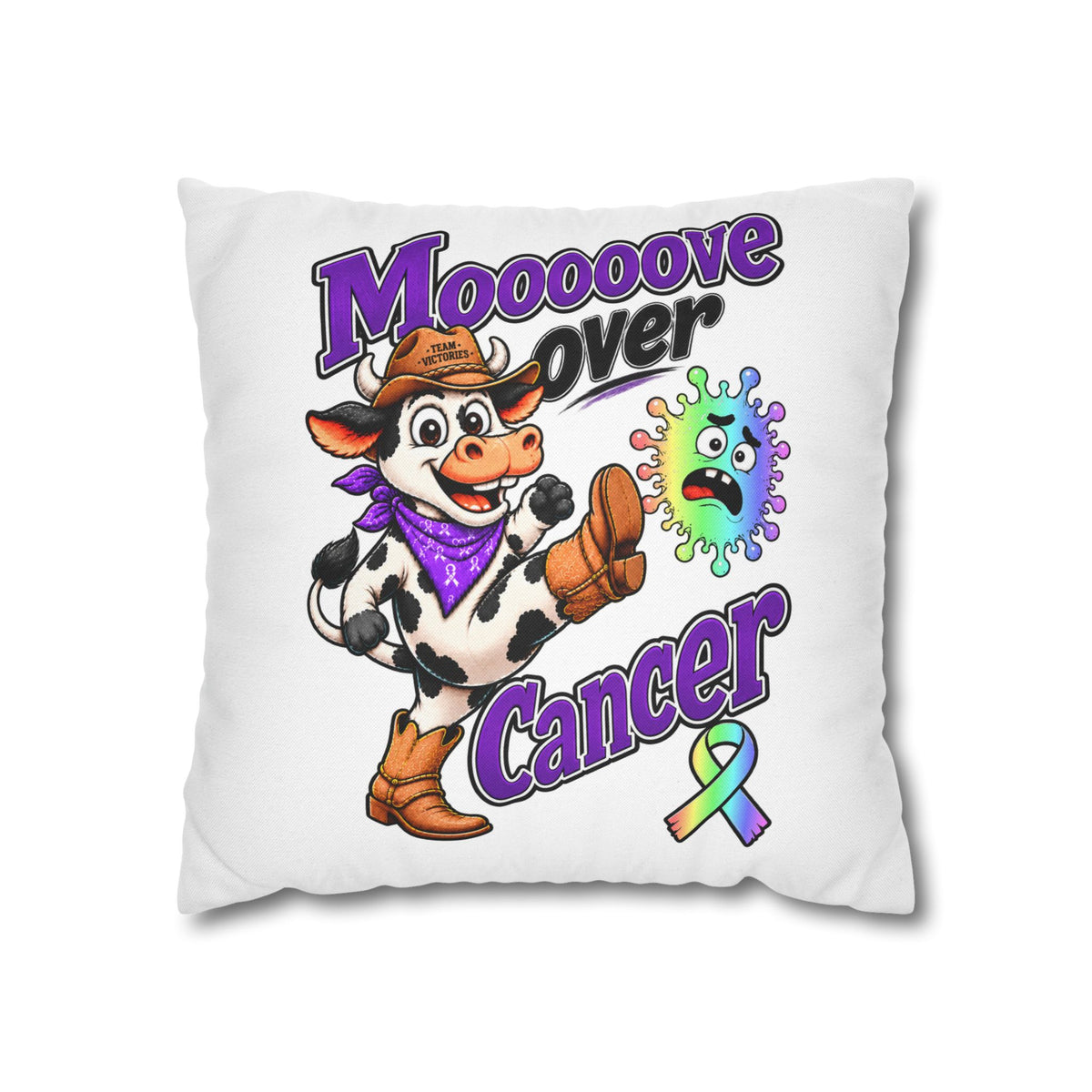 Moooove Over Cancer cow pillow cover featuring colorful all-cancer awareness ribbon artwork