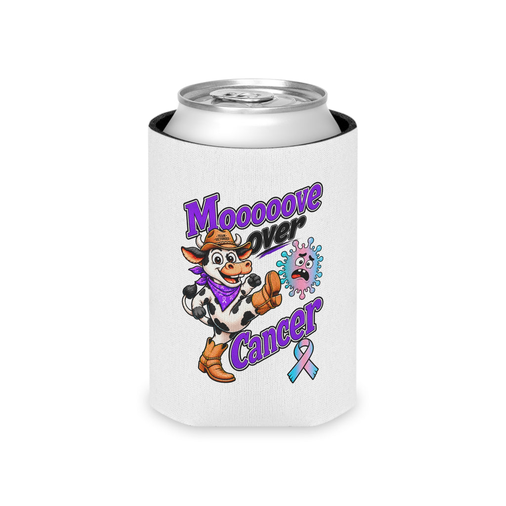 Moooove Over Cancer cow can cooler holding a regular beverage can