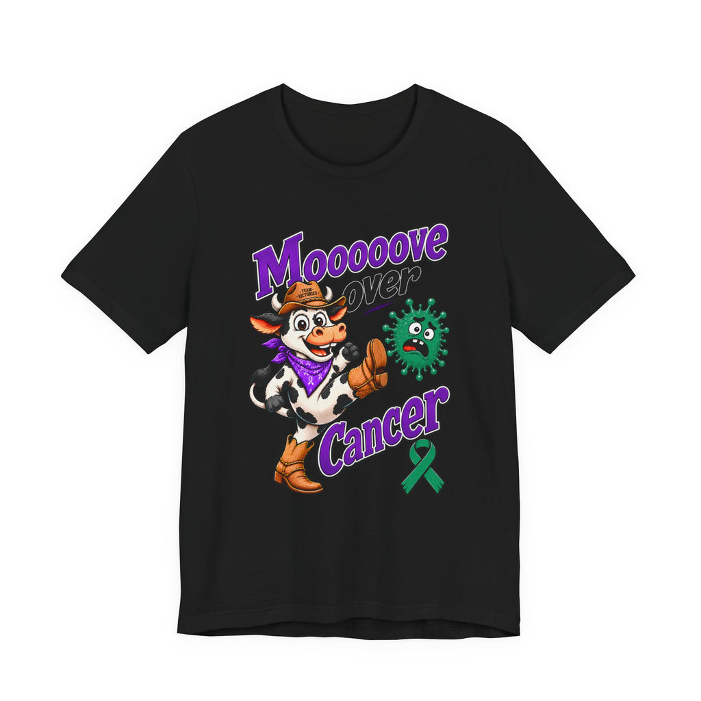 Moooove Over Cancer purple lettering and green ribbon on a black T-shirt