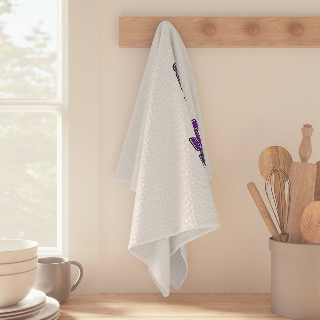 Moooove Over Cancer microfiber tea towel displayed in a kitchen with blue ribbon artwork