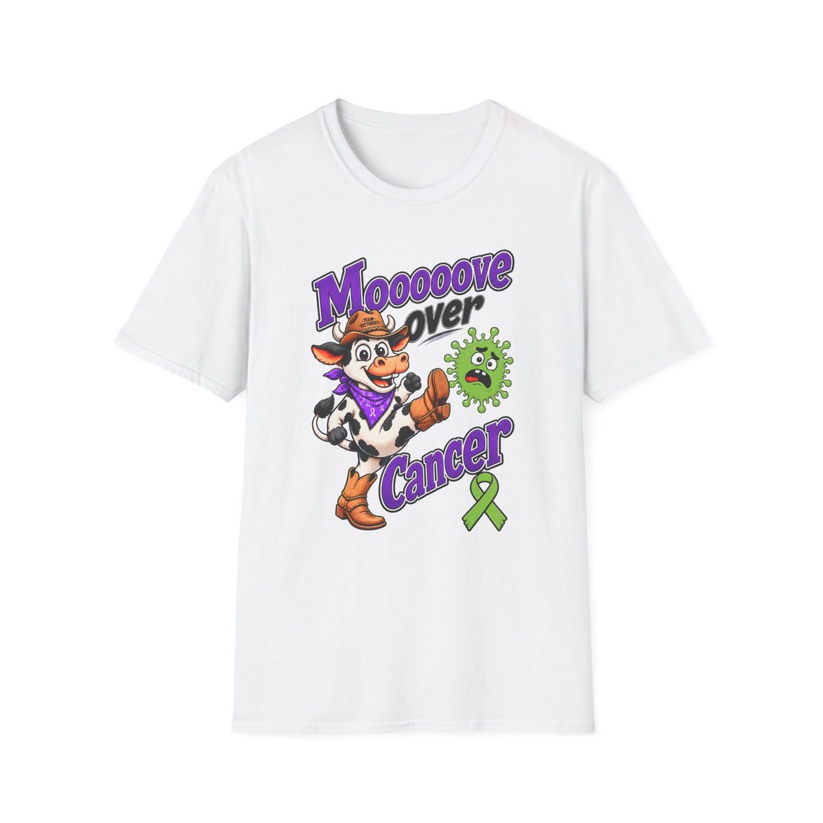 Moooove Over Cancer T-shirt with cowgirl artwork and Non-Hodgkin/Lymphoma Cancer awareness ribbon