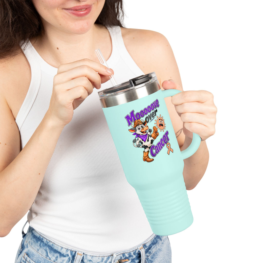 Person using the aqua Moooove Over Cancer travel mug with straw and handle