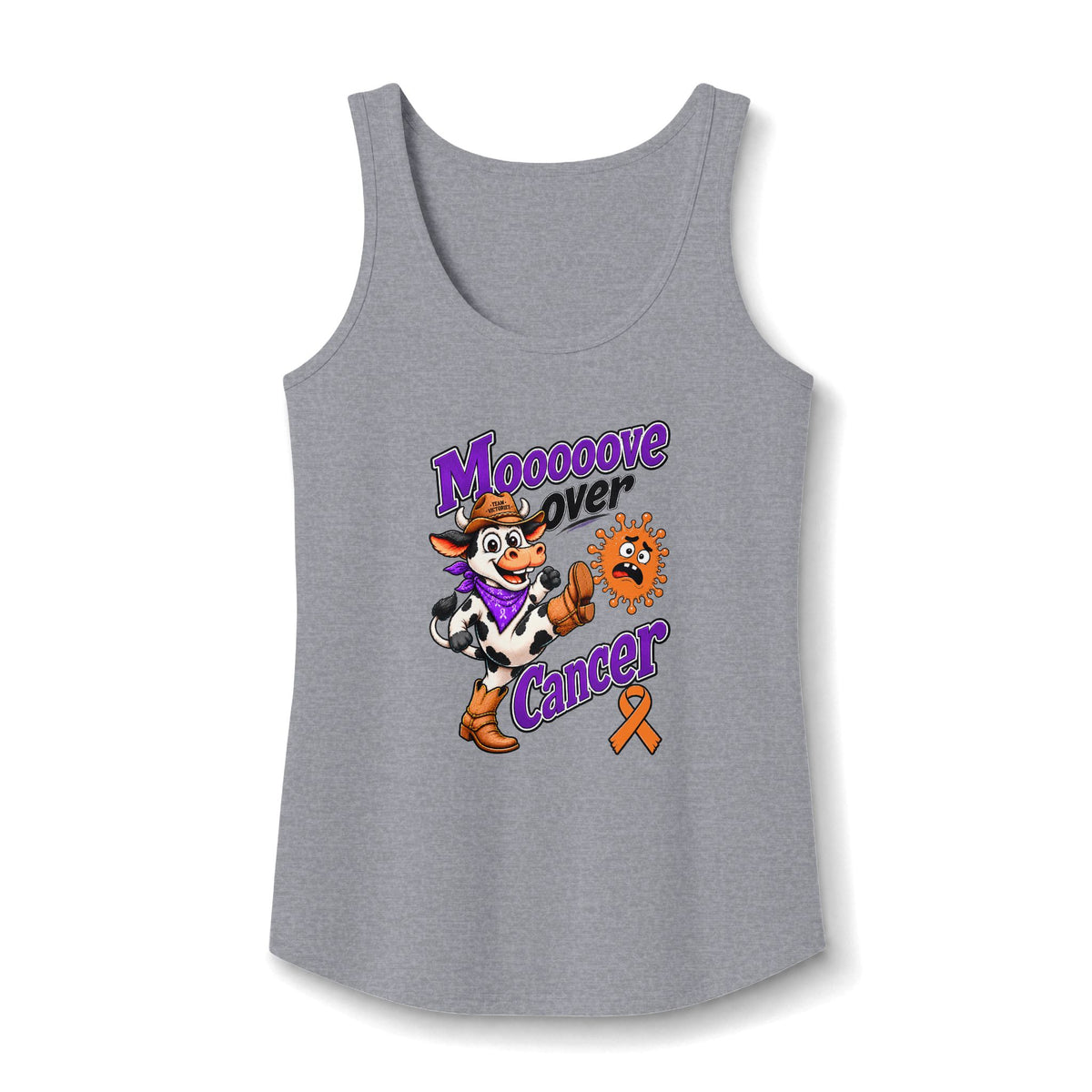 Heather gray Moooove Over Cancer tank top with Leukemia/Kidney Cancer awareness ribbon