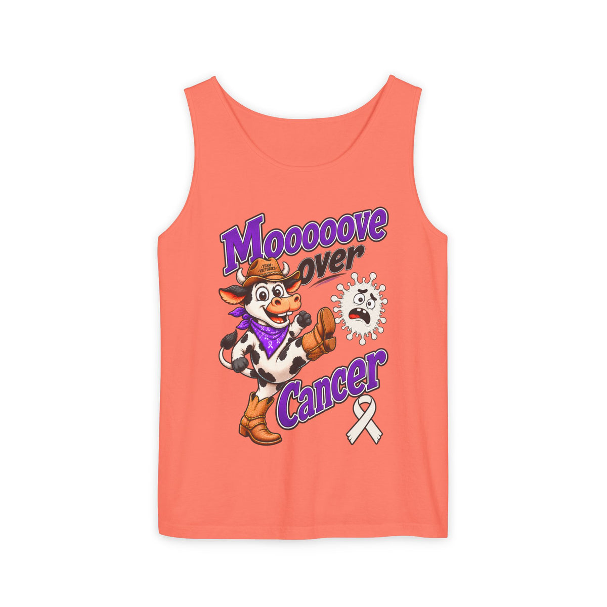 Moooove Over Cancer tank top with cow design and Lung Cancer awareness ribbon in bright coral