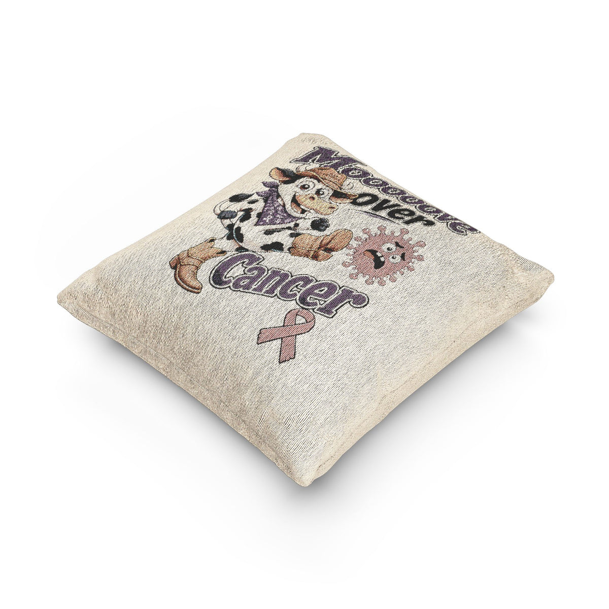 Angled view of Moooove Over Cancer woven accent cushion with cow and ribbon design