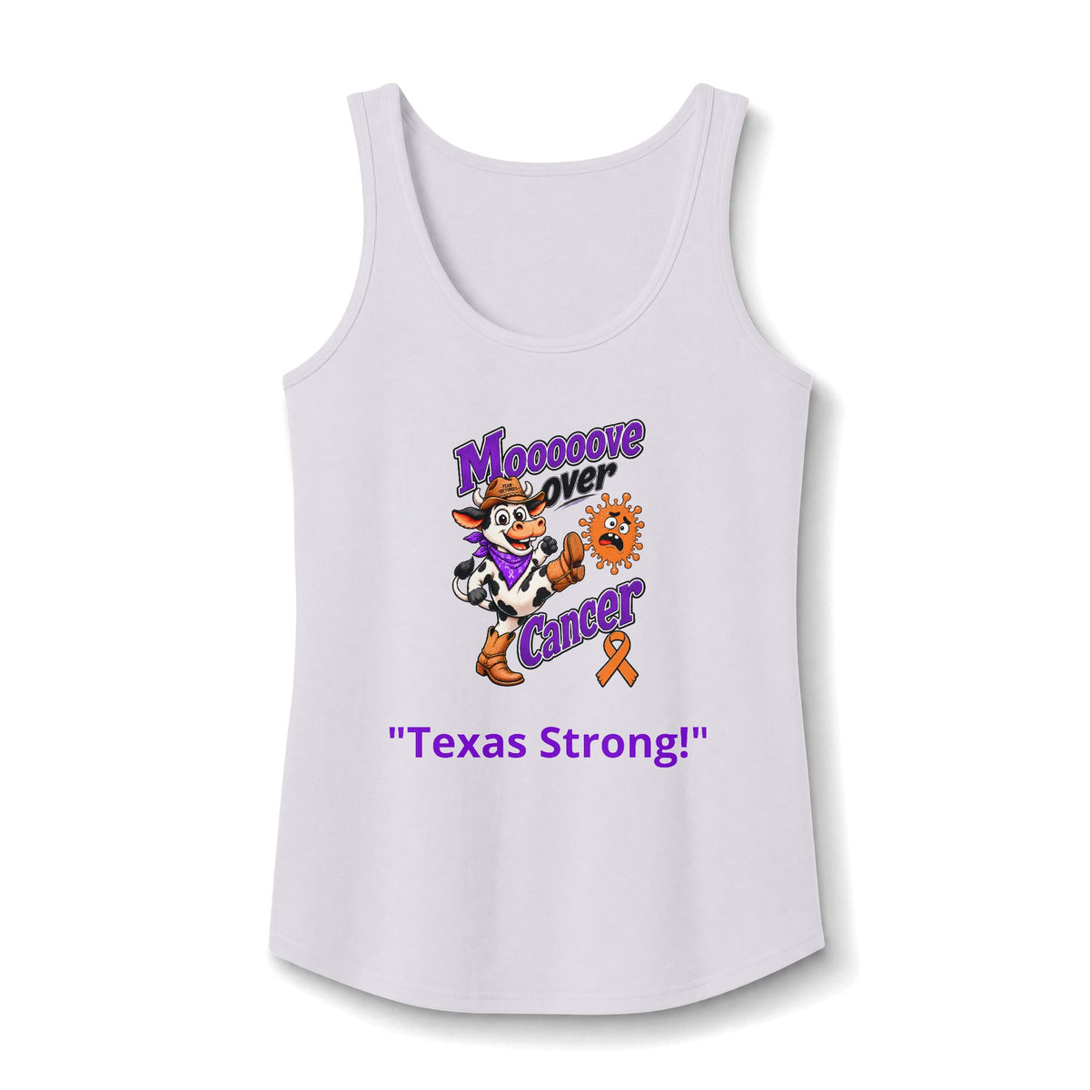 Moooove Over Cancer Texas Strong tank top with Leukemia/Kidney Cancer awareness ribbon, white front