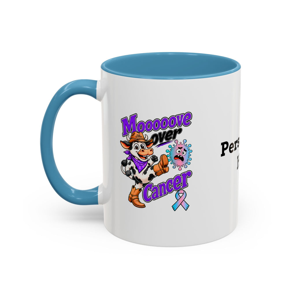 Side view of personalized Moooove Over Cancer mug with blue accent handle
