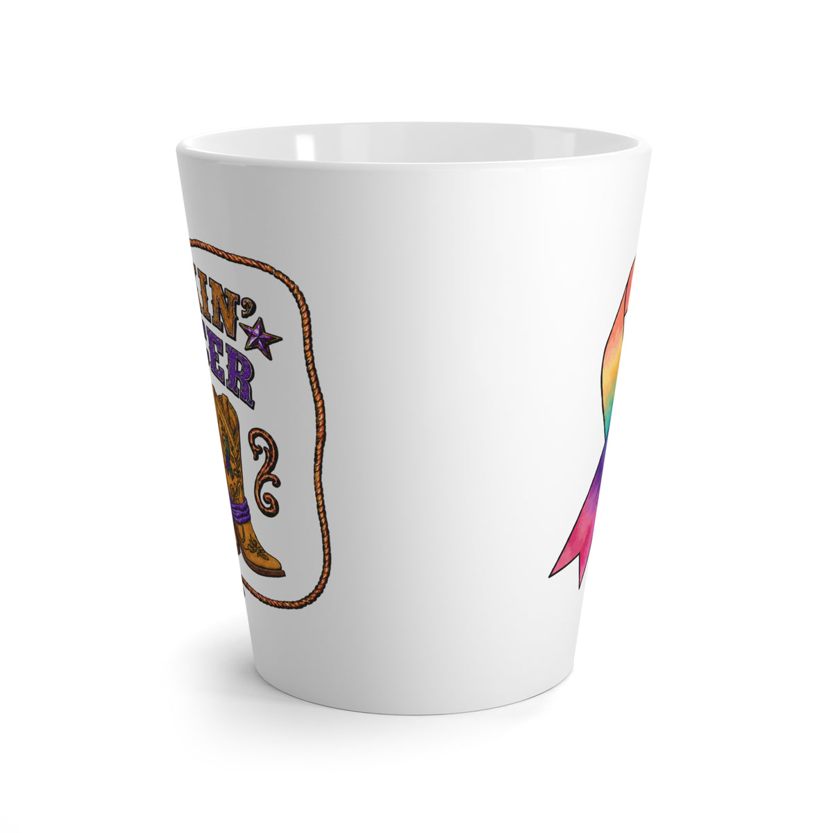 Side view of the white Kickin' Cancer mug showing the wraparound boot and ribbon artwork
