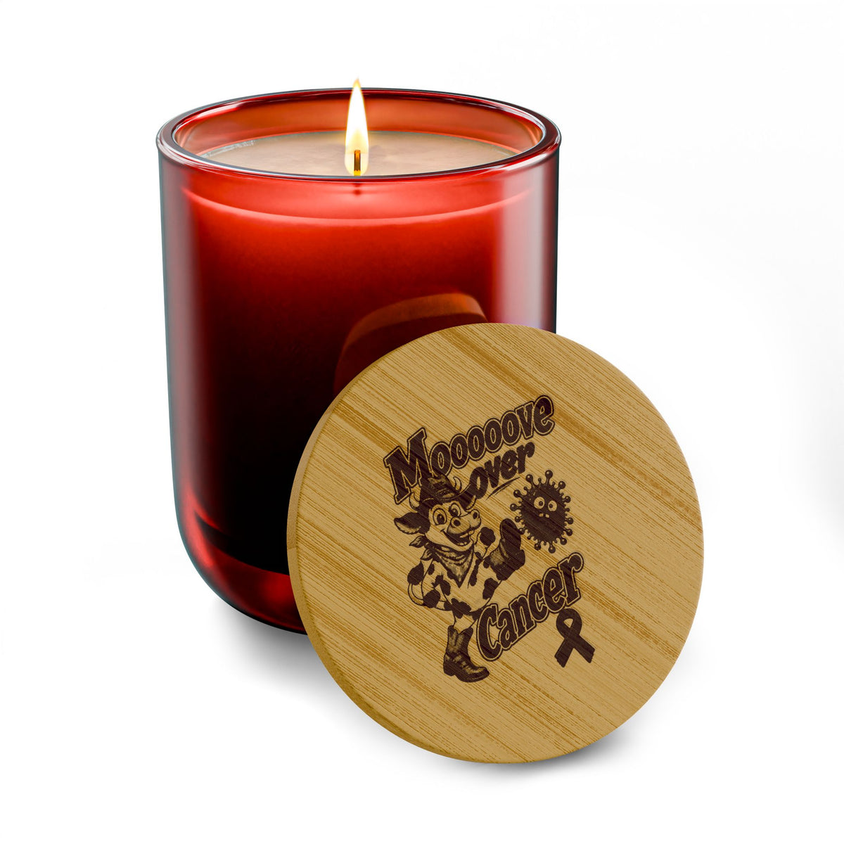 Moooove Over Cancer soy candle in a red glass jar with Leukemia/Kidney Cancer awareness ribbon design