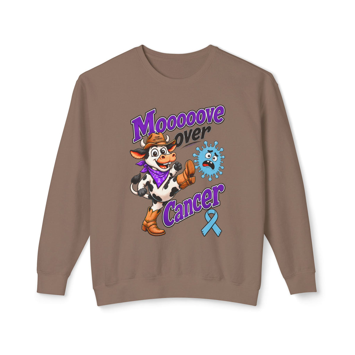 Moooove Over Cancer taupe sweatshirt with cow graphic and Prostate Cancer awareness ribbon