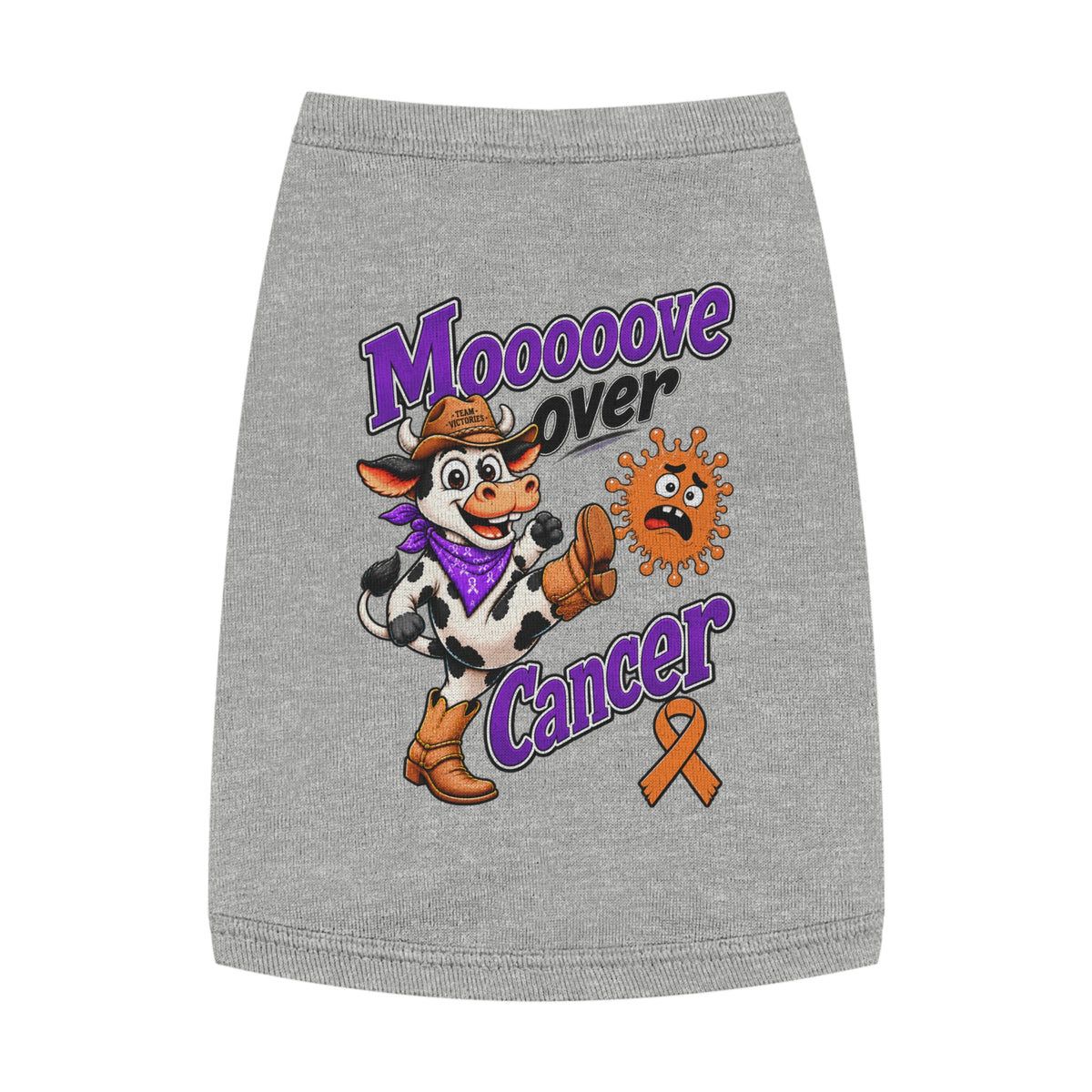 Gray Moooove Over Cancer pet tank top with cowboy cow and Leukemia/Kidney Cancer awareness ribbon