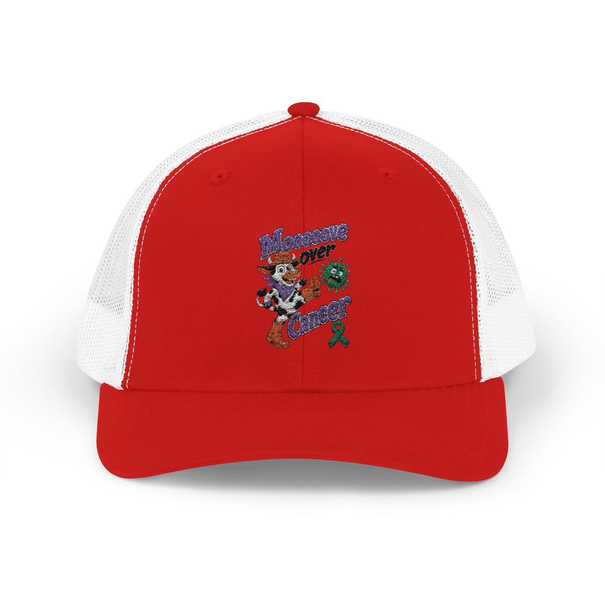 Back view of Moooove Over Cancer trucker hat showing the mesh panels and snap closure