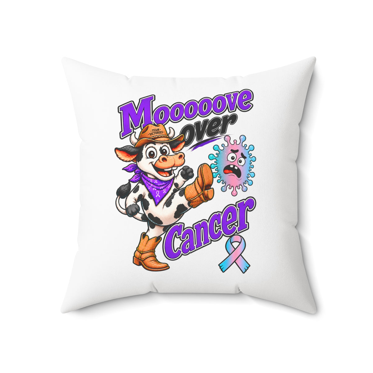 Moooove Over Cancer throw pillow with colorful cow character and Thyroid Cancer awareness artwork
