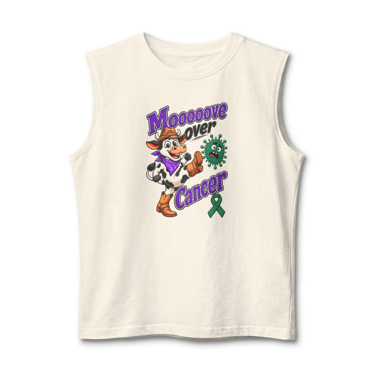 Cream Moooove Over Cancer tank top featuring a cow and Liver Cancer awareness ribbon