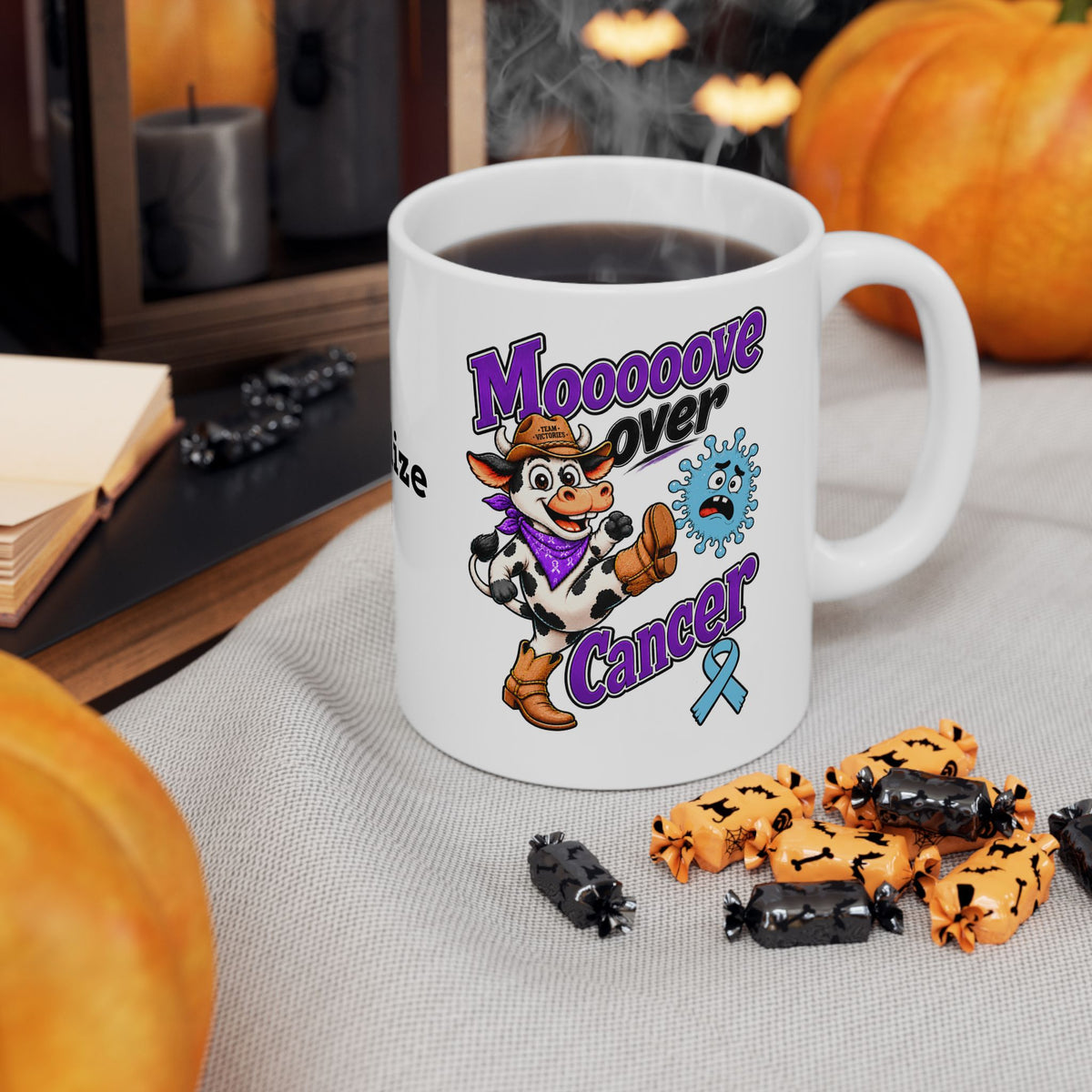 Moooove Over Cancer mug filled with coffee beside seasonal decor