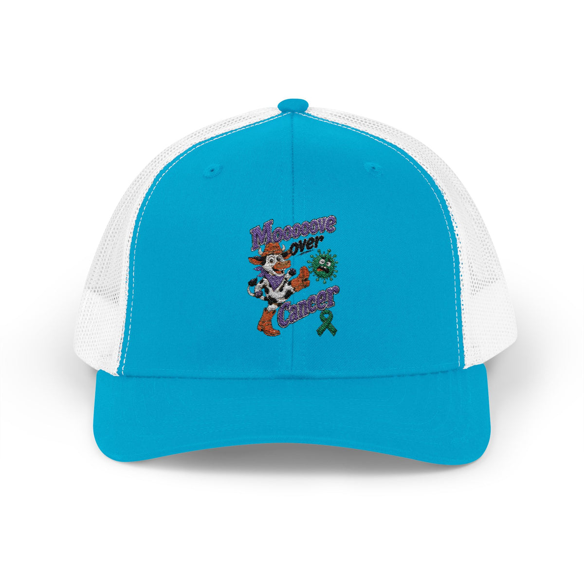 Side-back view of Moooove Over Cancer trucker hat with breathable mesh panels