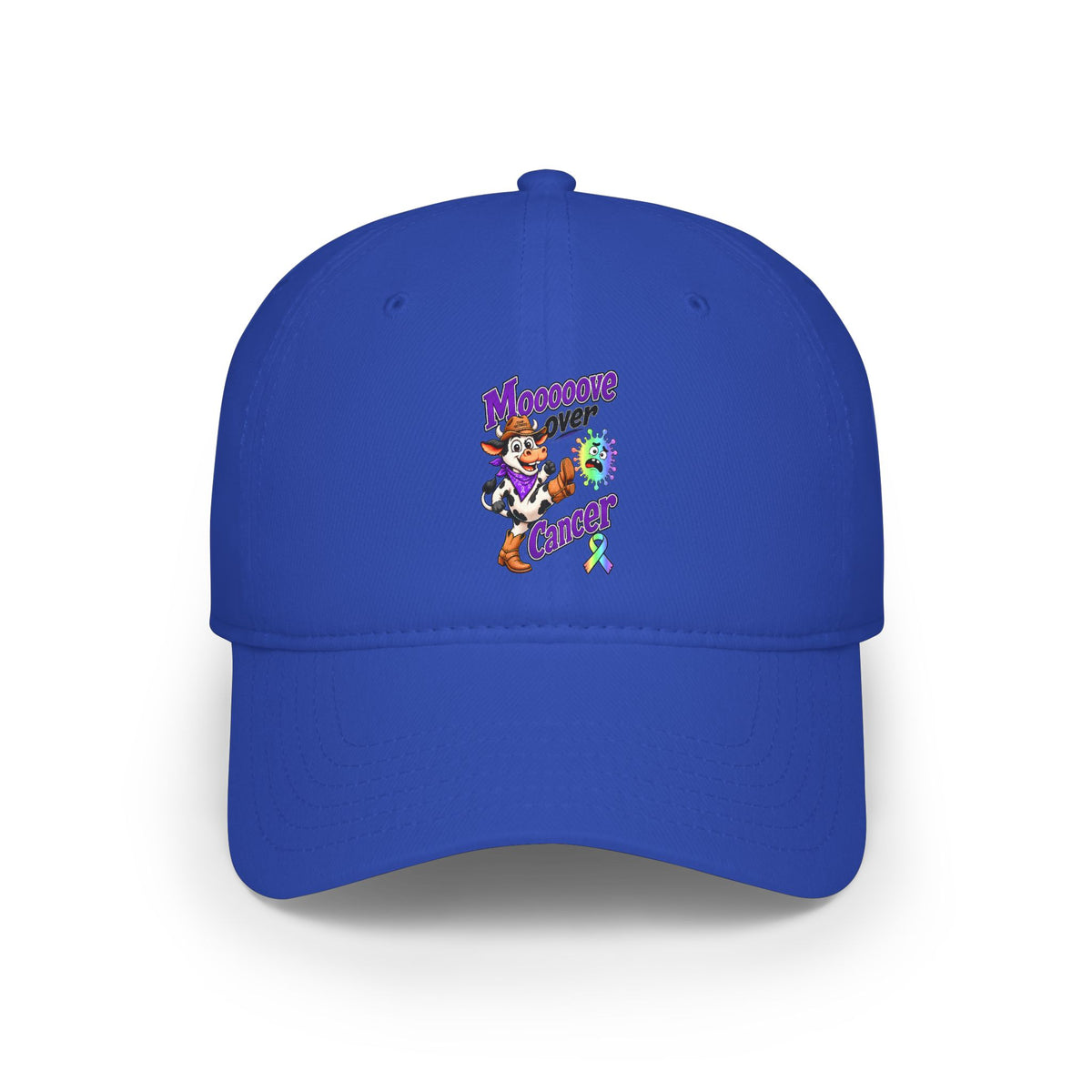 Blue Moooove Over Cancer low-profile cap with colorful cow-themed artwork