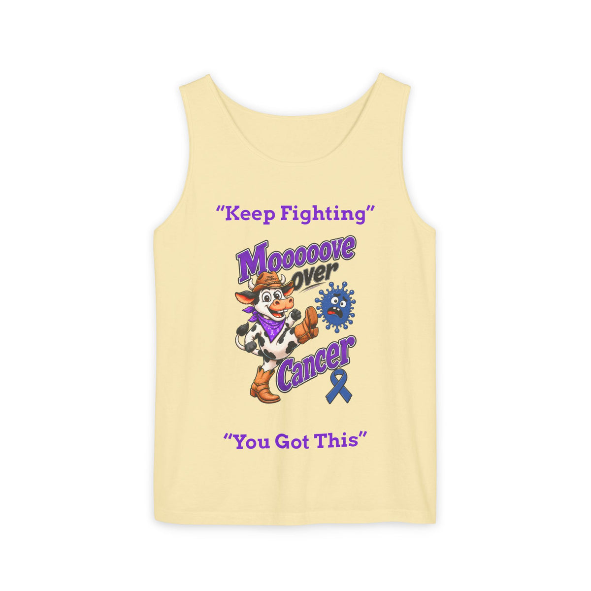 Yellow Moooove Over Cancer tank top with Keep Fighting message and Colon Cancer awareness ribbon