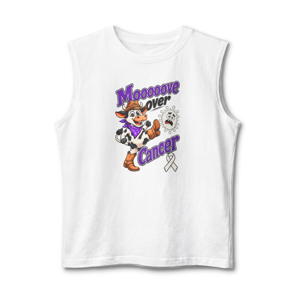 Moooove Over Cancer white tank top with a white Lung Cancer awareness ribbon graphic