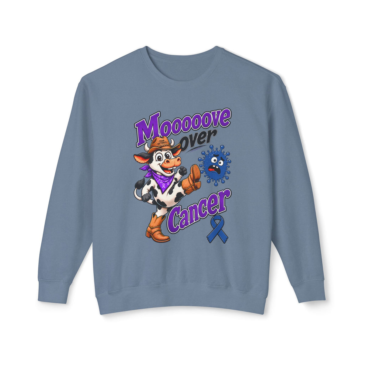 Moooove Over Cancer sweatshirt with cow artwork and Colon Cancer awareness ribbon in blue-gray