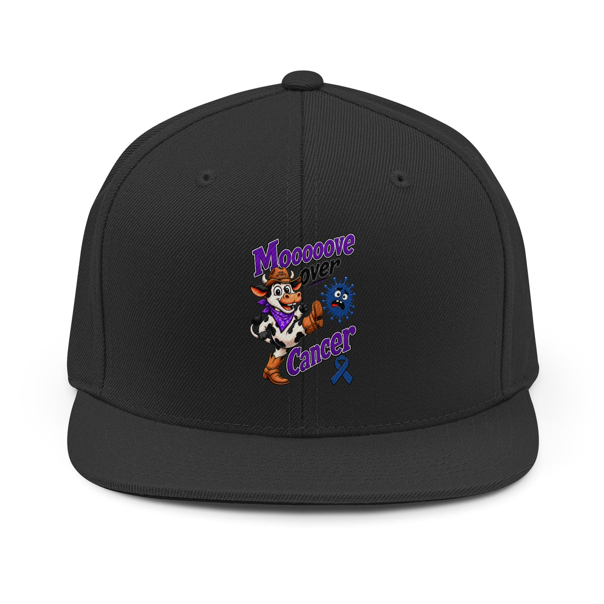 Black Moooove Over Cancer snapback hat with colorful embroidered character and awareness ribbon