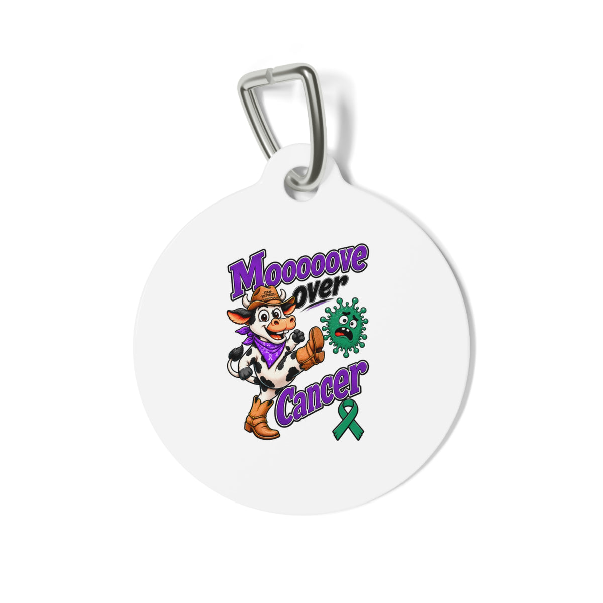 Moooove Over Cancer pet ID tag with green Liver Cancer awareness ribbon design