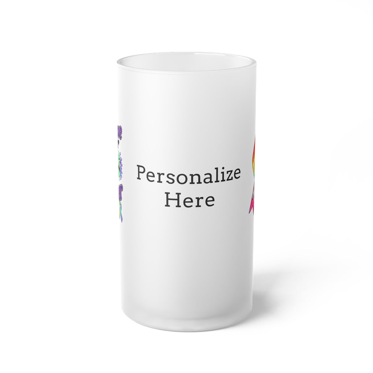 Side view of Moooove Over Cancer frosted glass mug with personalized name option