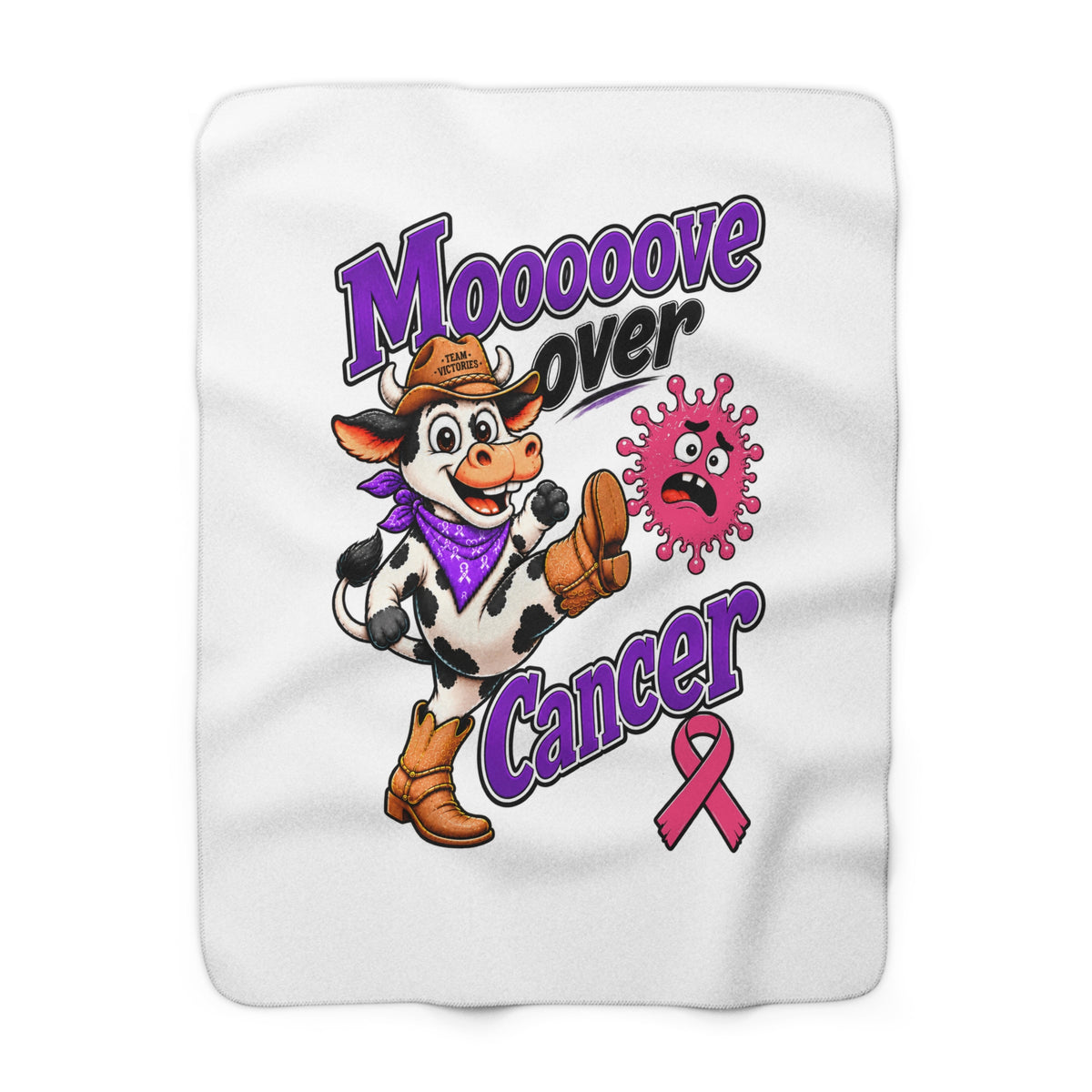 Moooove Over Cancer sherpa blanket with cow artwork and Breast Cancer awareness ribbon