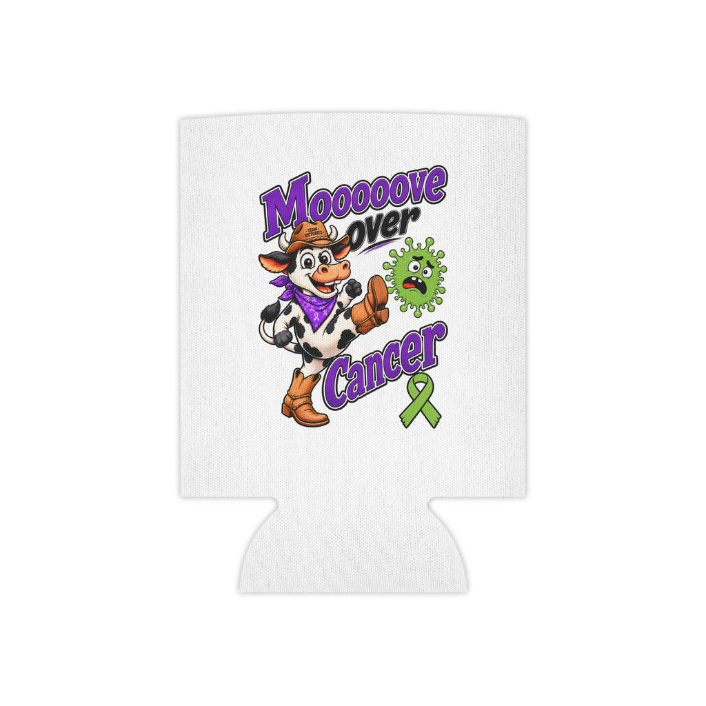 Moooove Over Cancer can cooler with playful cow artwork and green awareness ribbon